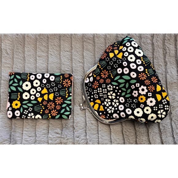 Brand new handmade Japanese pouch & card purse set, Black floral & pink lining - Picture 3 of 6